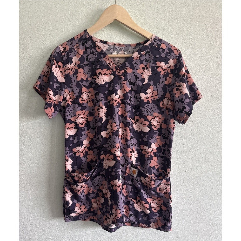 Carhartt Modern Fit Purple Floral V-Neck Medical Scrub Top Womens S Short Sleeve